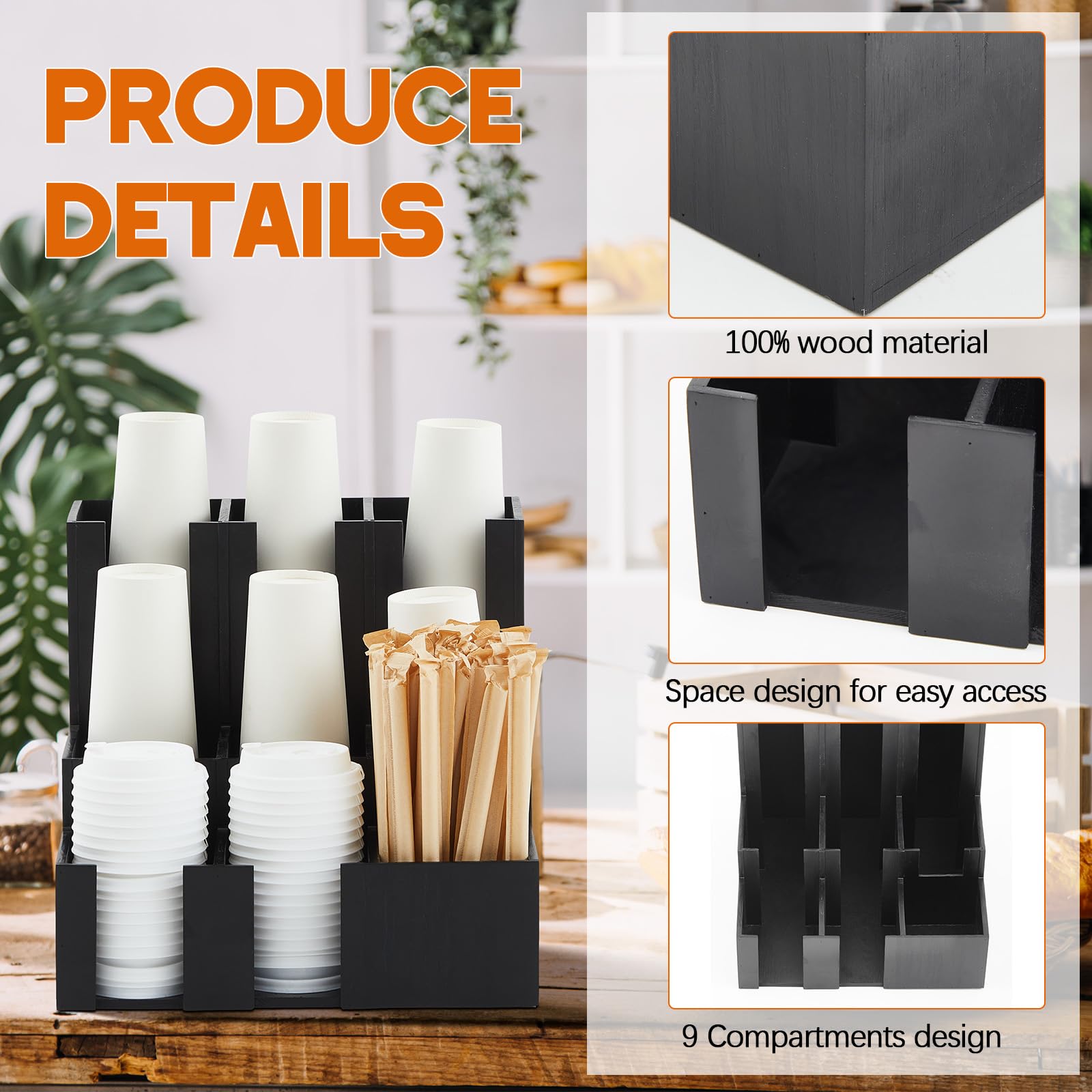 Black Wood Coffee Cup & Lid Organizer, 9 Compartments – view 4