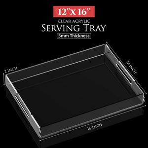 Clear Acrylic Tray for Serving 16x12x2 Inches - Acrylic Decorative Serving Trays with Cut Handles for Kitchen Dining Room Table - Durable Clear Lucite Trays Perfect for Serving Snacks & Drinks!