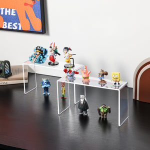 Duveesha 4 Pcs (9.2 x 3 x 5 inches) Acrylic Risers Display Stands, Display Stands for Collectibles, Clear Acrylic Shelf for Show Decor Display, Toys, Cupcake