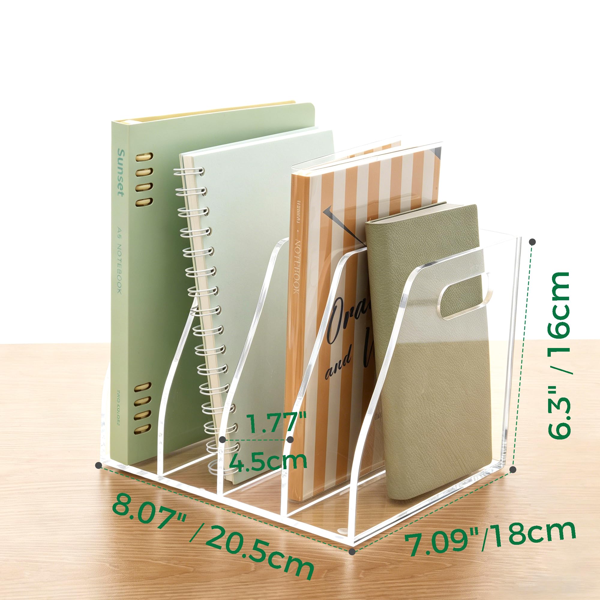 AIMOLLY Acrylic Magazine File Holder, 4 Vertical Compartments Desk Document Sorter Organizer, Clear Folder Rack Binder for Office/Home/Classroom, for Documents, Tablet, Magazines, Books & Accessories