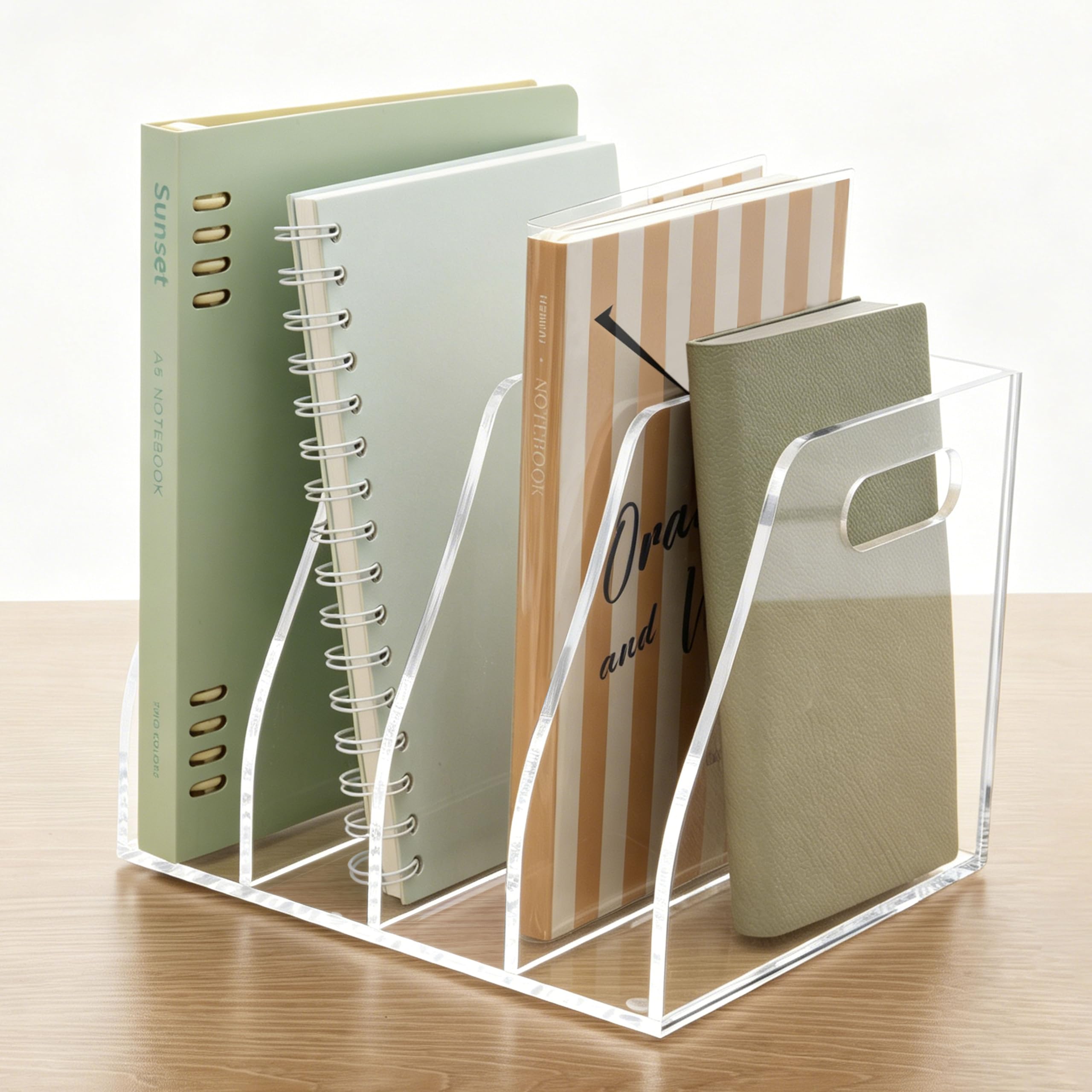 AIMOLLY Acrylic Magazine File Holder, 4 Vertical Compartments Desk Document Sorter Organizer, Clear Folder Rack Binder for Office/Home/Classroom, for Documents, Tablet, Magazines, Books & Accessories