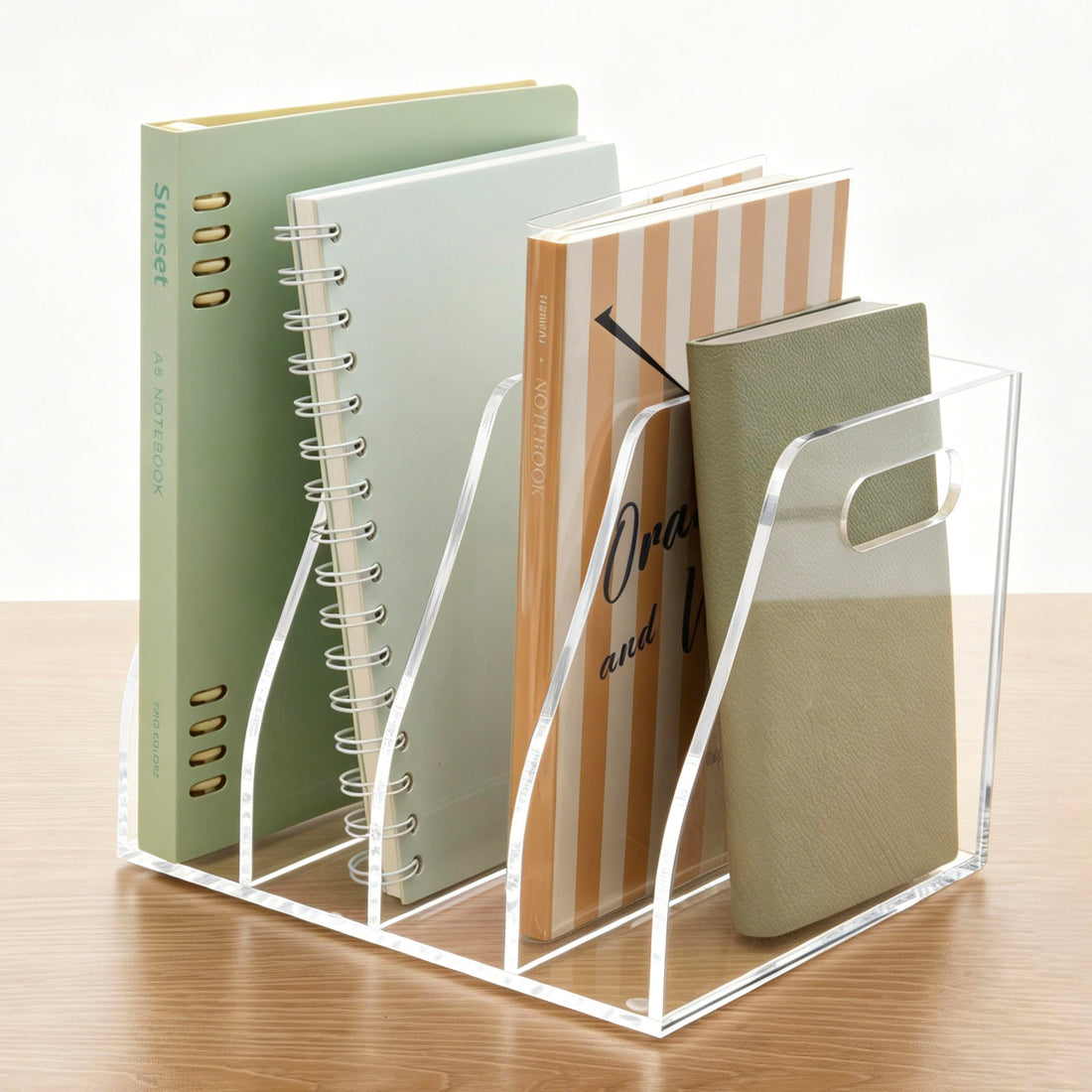 AIMOLLY Acrylic Magazine File Holder, 4 Vertical Compartments Desk Document Sorter Organizer, Clear Folder Rack Binder for Office/Home/Classroom, for Documents, Tablet, Magazines, Books & Accessories