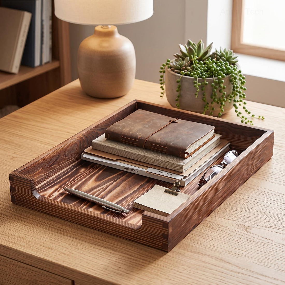 Rustic Burnt Pine Wood Letter Tray, Stackable Desk Organizer – view 8