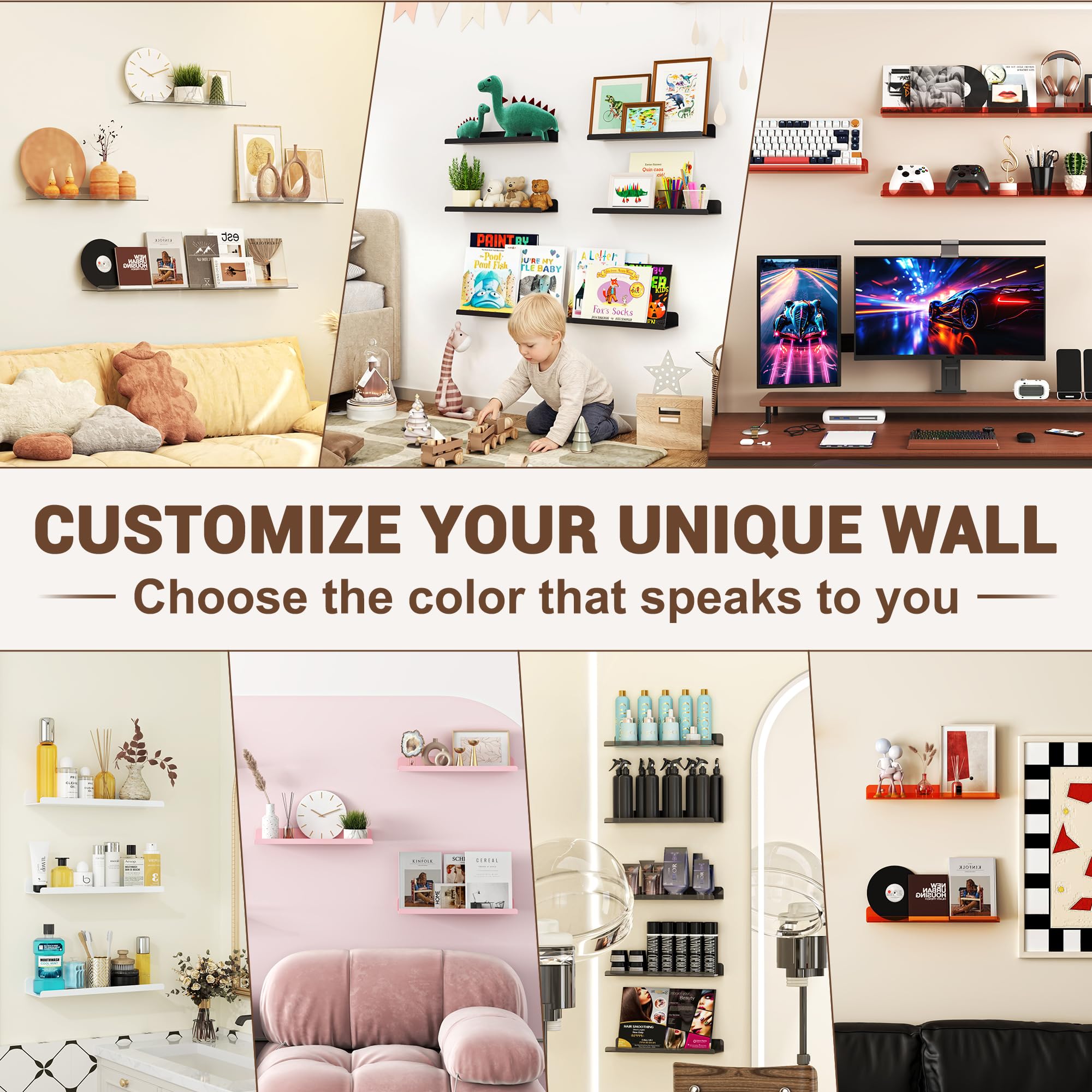 15-Inch Floating Wall Shelves, Clear Black, 3 Pk – Yosham