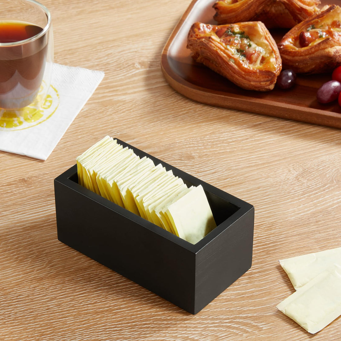 Black Wood Sugar Packet Holder for Coffee Bar