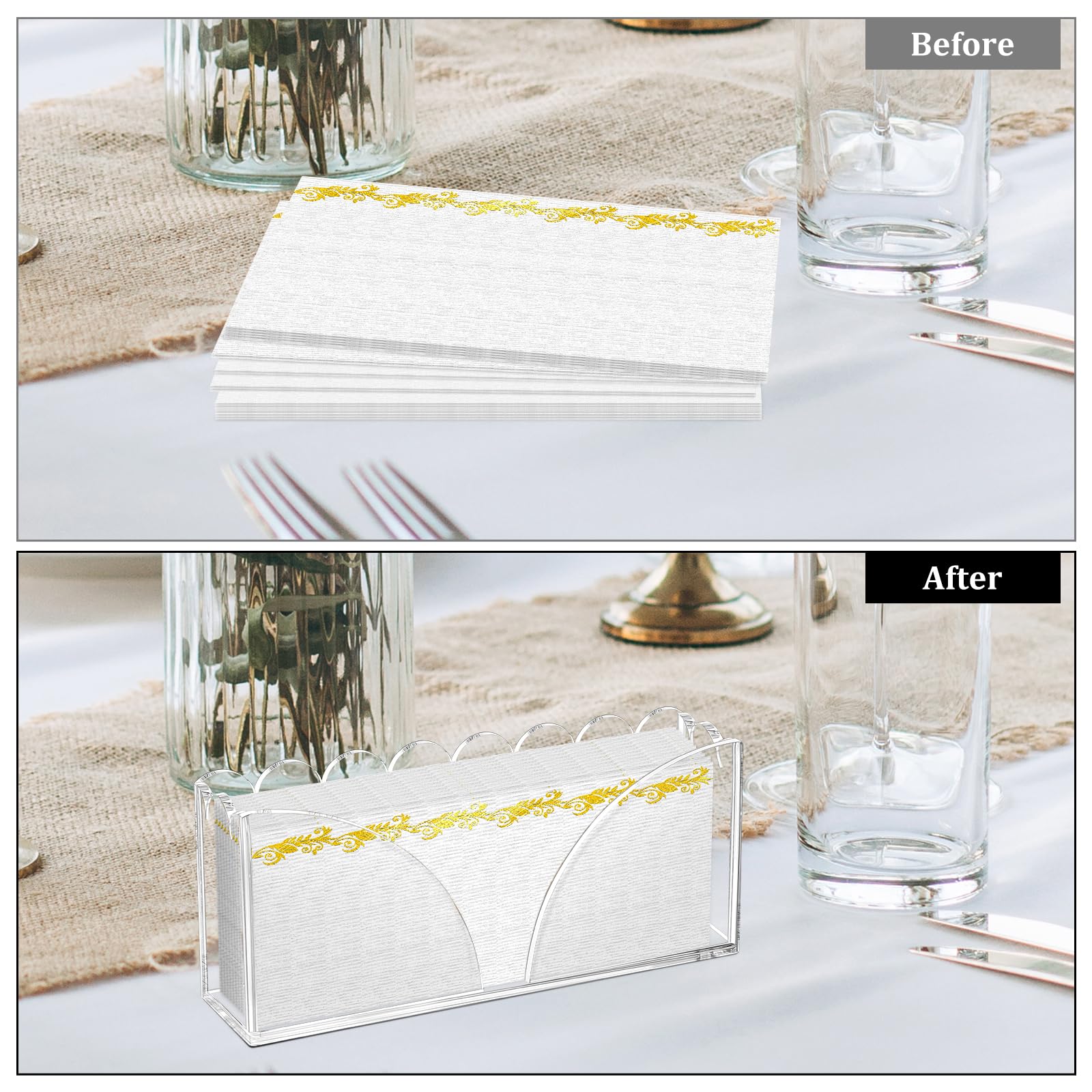 Acrylic Guest Towel Holder Scalloped Tray Set of 2 for Bathroom Clear Waterproof Disposable Paper Hand Towel Napkin Holder Stand with Non-Slip Pads for Table Home Kitchen Vanity Counter Hotel