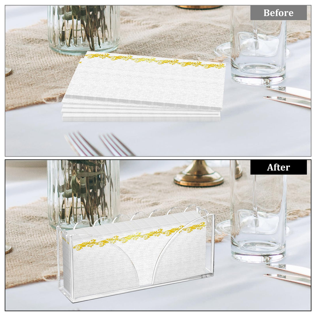 Acrylic Guest Towel Holder Scalloped Tray Set of 2 for Bathroom Clear Waterproof Disposable Paper Hand Towel Napkin Holder Stand with Non-Slip Pads for Table Home Kitchen Vanity Counter Hotel