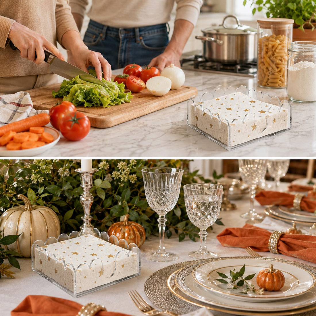 Acrylic Napkin Holder for Cocktails, Napkin Holder, Clear Scalloped Tray and Dispenser Organizes Flat Paper Towels and Disposable Napkins for Weddings, Hotels, Kitchen, Bathroom, Parties