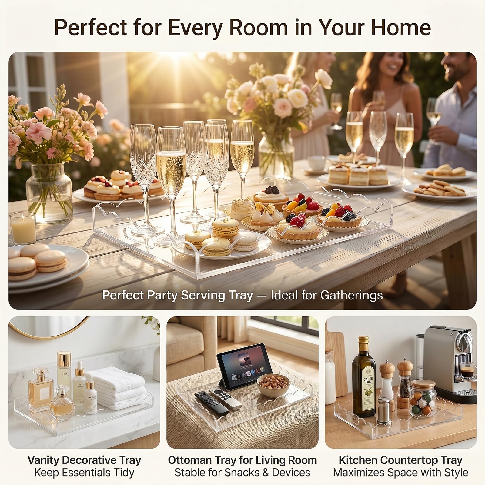 FUOAUYK Clear Acrylic Serving Tray with Handles, 17 x 12 Inch Scalloped Decorative Tray for Coffee Table & Ottoman, Perfume & Cosmetics Organizer for Bathroom Vanity & Kitchen, Ideal for Drink & Snack