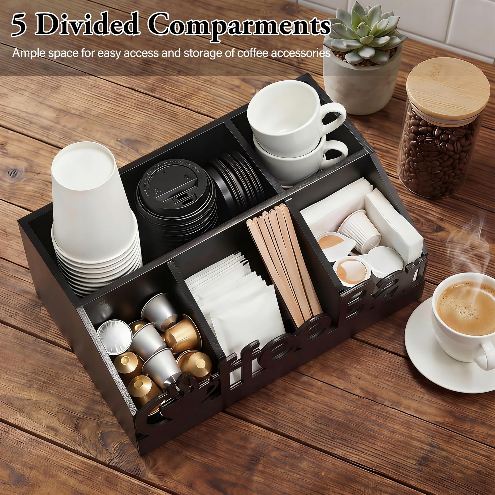 Black Wood Coffee Bar Organizer Caddy, 5 Compartments – view 5