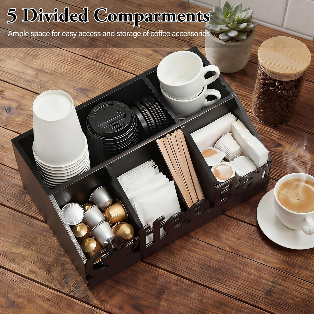 Black Wood Coffee Bar Organizer Caddy, 5 Compartments – view 5