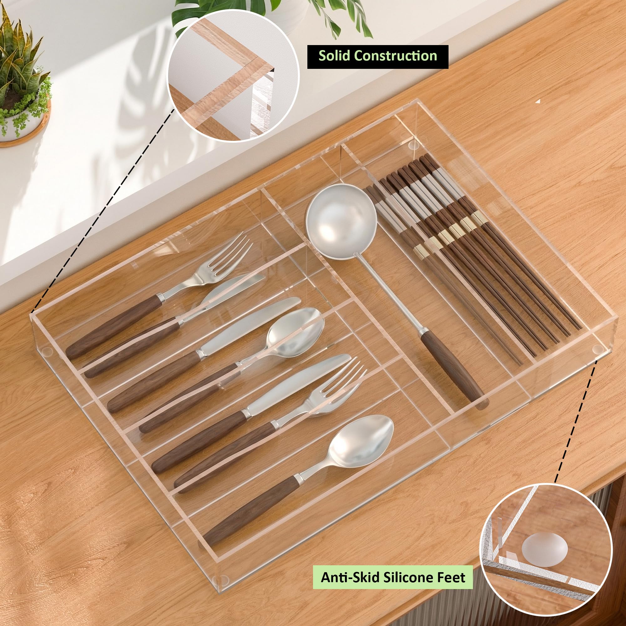 Hongtuocb Acrylic Drawer Organizer, 6 Slots Clear Silverware Holder for Kitchen Utensils, Cutlery Tray with 6 Grids, Heavy Duty Plastic Flatware Caddy for Forks Spoons Knives