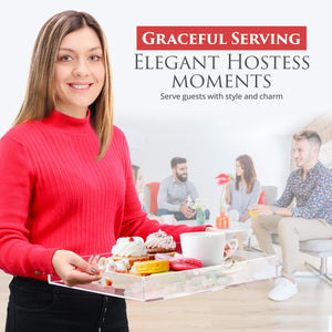 Clear Acrylic Tray for Serving 16x12x2 Inches - Acrylic Decorative Serving Trays with Cut Handles for Kitchen Dining Room Table - Durable Clear Lucite Trays Perfect for Serving Snacks & Drinks!