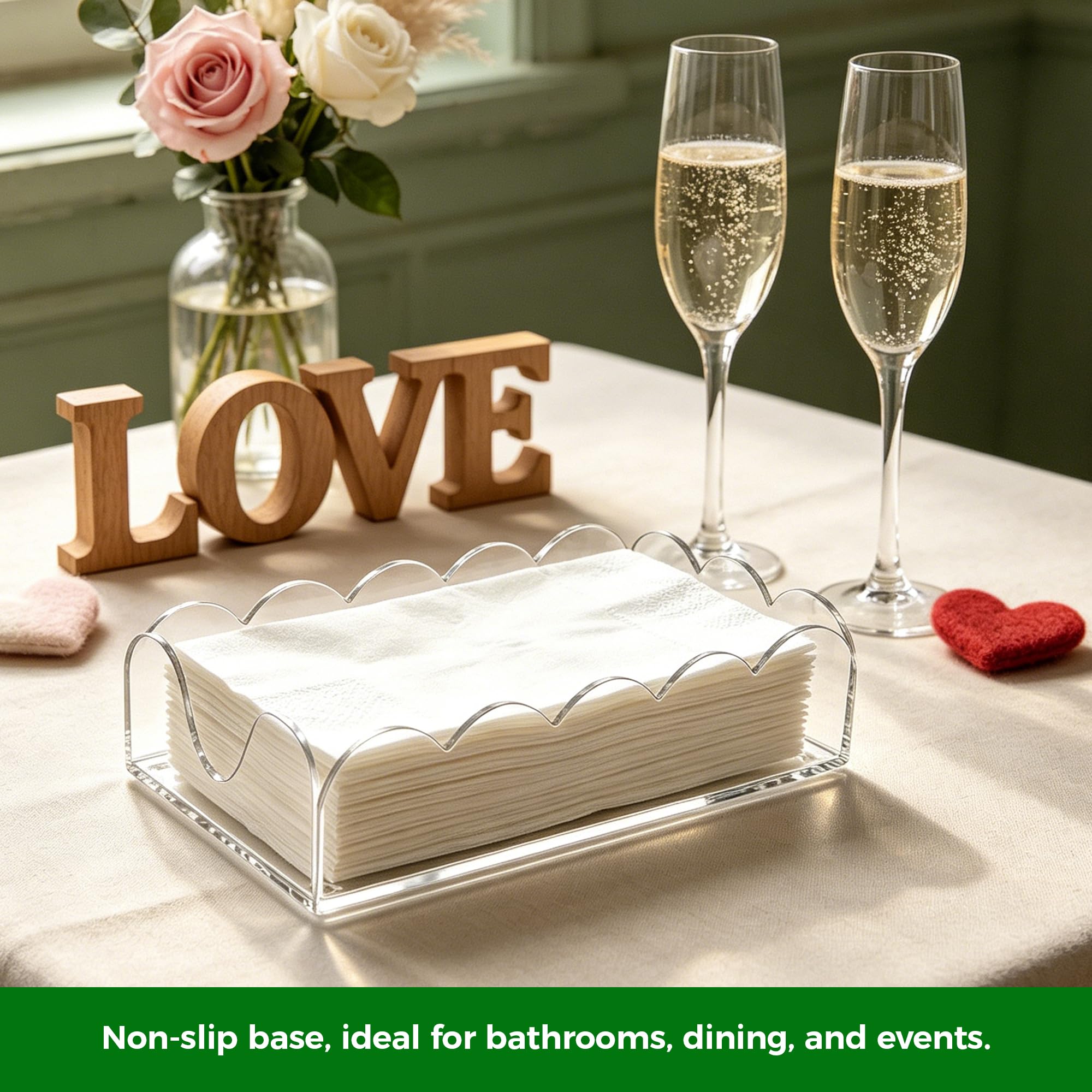 AIMOLLY Clear Acrylic Napkin Holder - Scalloped Guest Towel Holder for Bathroom & Kitchen - Stylish Paper Napkin Tray with Non-Slip Pads for Weddings, Parties & Home Decor, 9x5.1x2.4 Inch