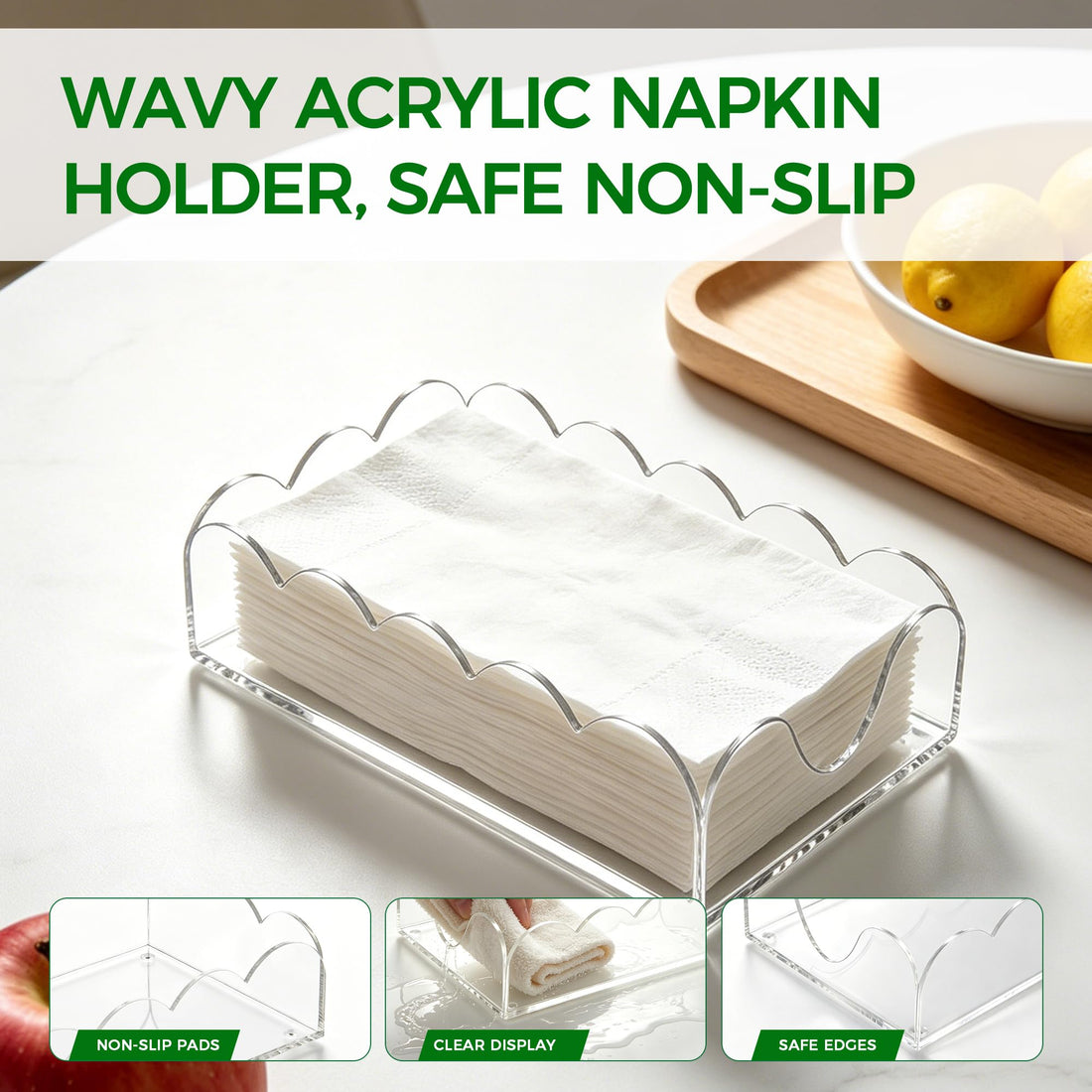 AIMOLLY Clear Acrylic Napkin Holder - Scalloped Guest Towel Holder for Bathroom & Kitchen - Stylish Paper Napkin Tray with Non-Slip Pads for Weddings, Parties & Home Decor, 9x5.1x2.4 Inch