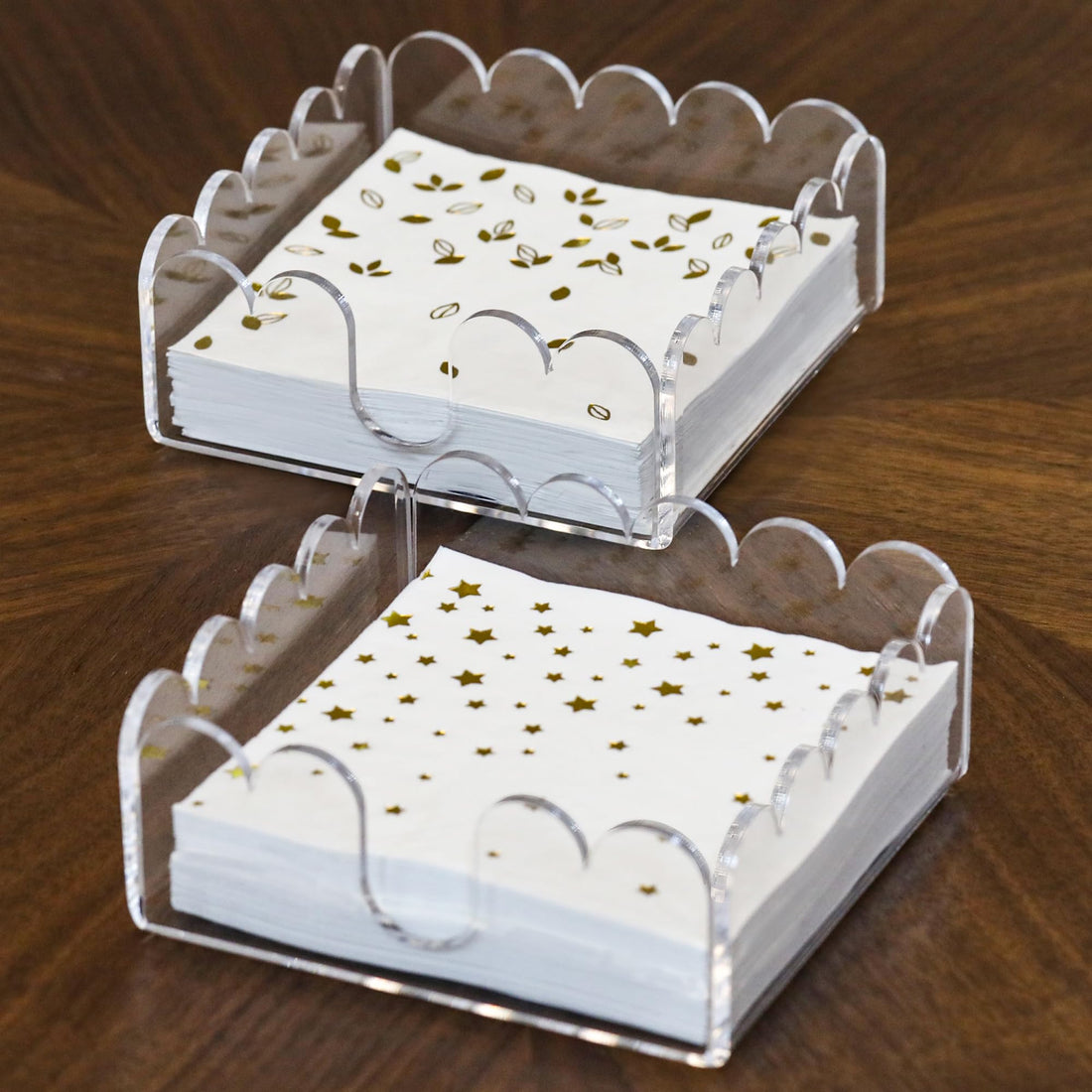 2 Pack Acrylic Cocktail Napkin Holder Crystal Clear Scalloped Tray for Cocktail,Beverage Napkin Holder Square Rectangle for Dinner, Kitchen, Bathroom, Restaurant, Bar (5.5 x 5.5 Inch)