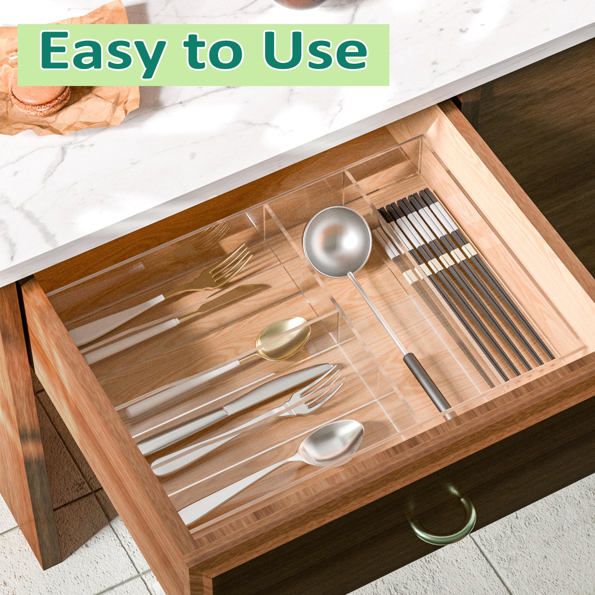 Hongtuocb Acrylic Drawer Organizer, 6 Slots Clear Silverware Holder for Kitchen Utensils, Cutlery Tray with 6 Grids, Heavy Duty Plastic Flatware Caddy for Forks Spoons Knives