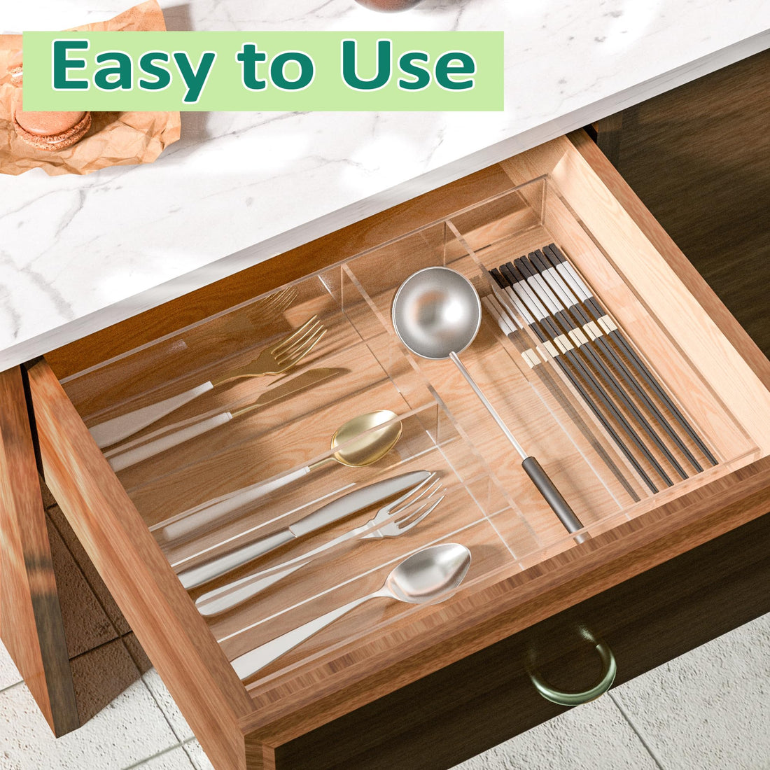 Hongtuocb Acrylic Drawer Organizer, 6 Slots Clear Silverware Holder for Kitchen Utensils, Cutlery Tray with 6 Grids, Heavy Duty Plastic Flatware Caddy for Forks Spoons Knives