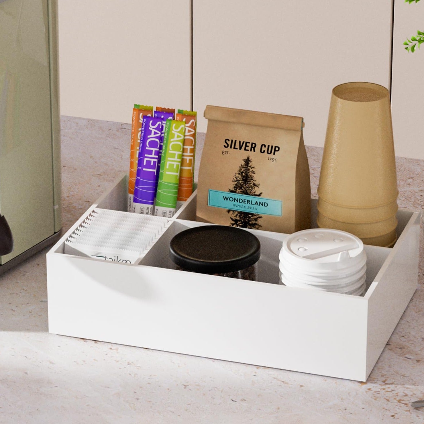 White Acrylic Coffee Station Organizer Tray, 4 Compartments