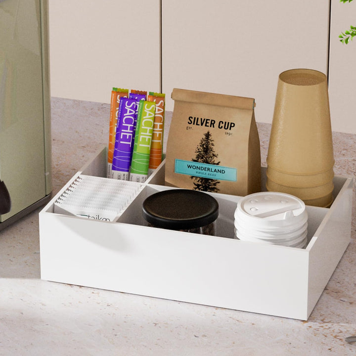 White Acrylic Coffee Station Organizer Tray, 4 Compartments