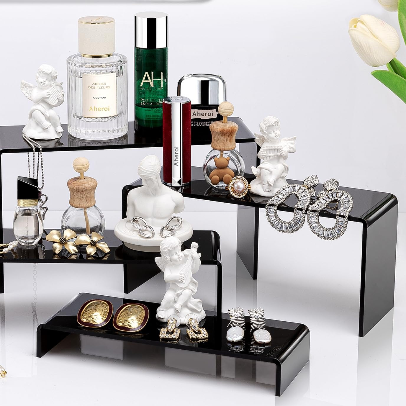 Black Acrylic Display Riser Stairs, 4 Tiers, 2 Sets (8 Pcs)