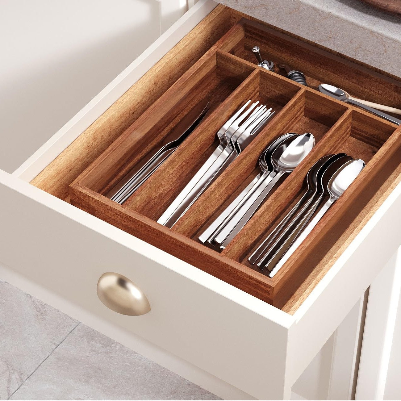 Acacia Wood Cutlery Drawer Organizer, 5 Slots