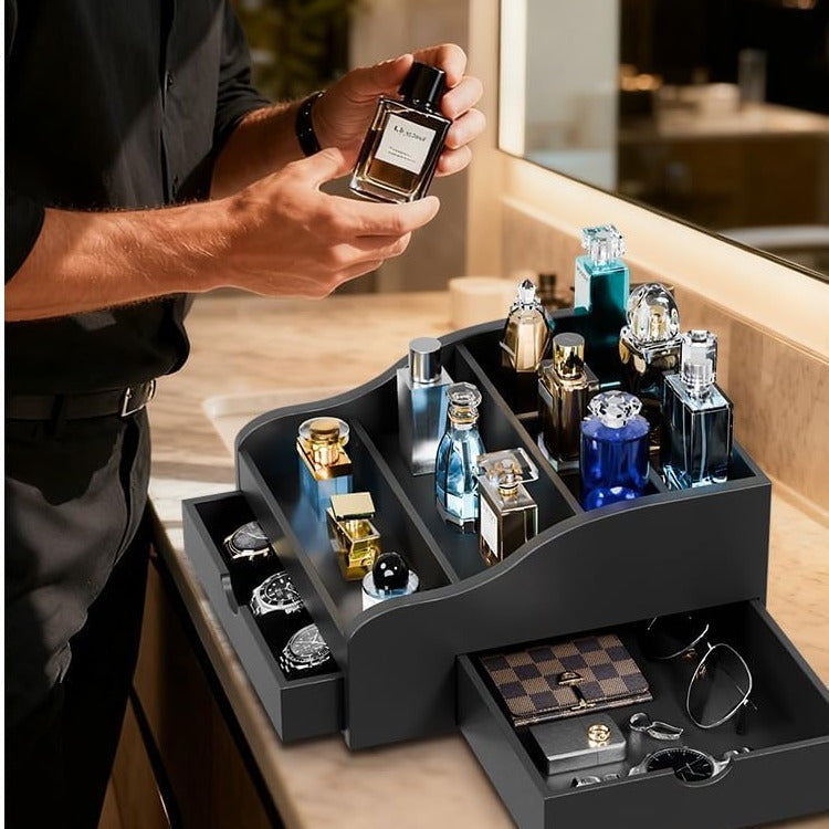 Black Wood Cologne Organizer with 2 Drawers, 4 Tier