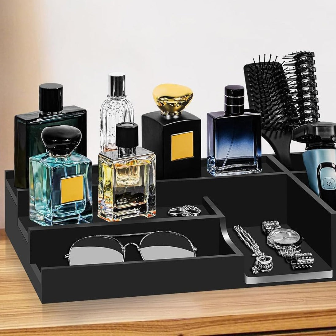 Black Wood Cologne Organizer Tray, 3 Tier