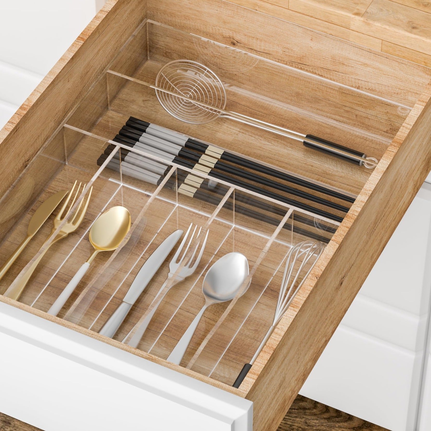 Clear Acrylic Cutlery Drawer Organizer, 7 Slots, 13 × 17 in