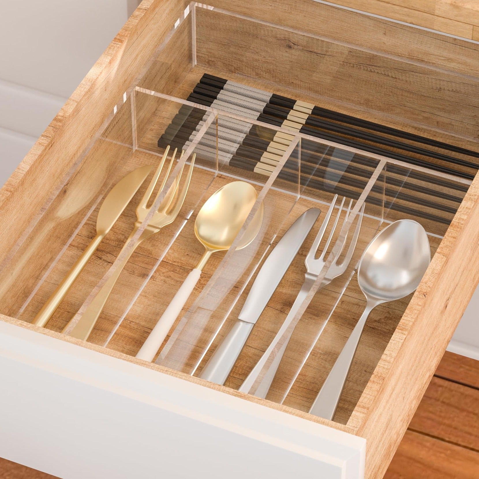 Clear Acrylic Cutlery Drawer Organizer, 5 Slots, 10 × 14 in