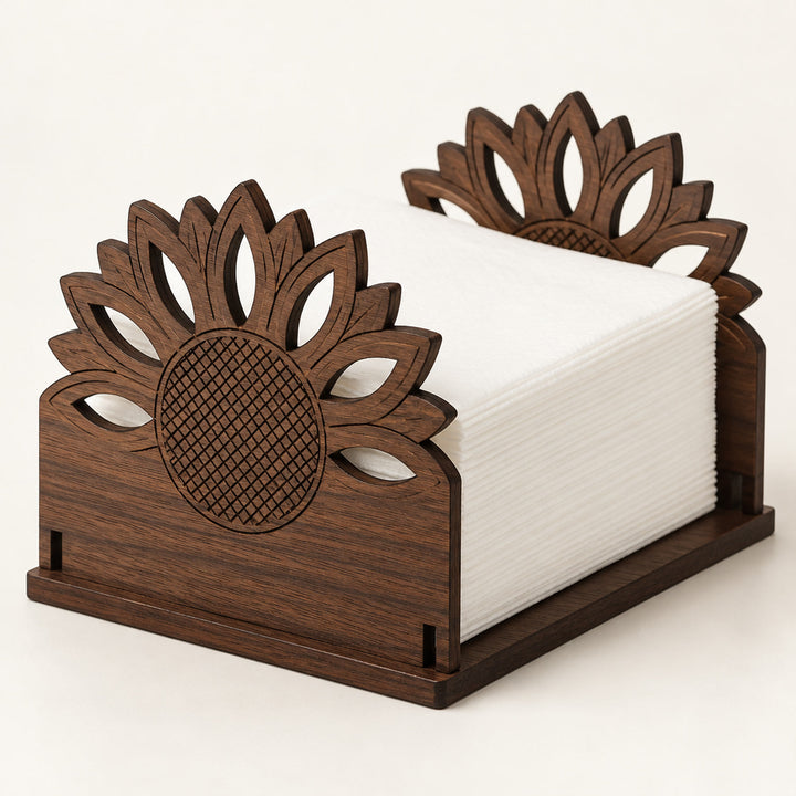 Wooden sunflower napkin holder filled with white paper napkins